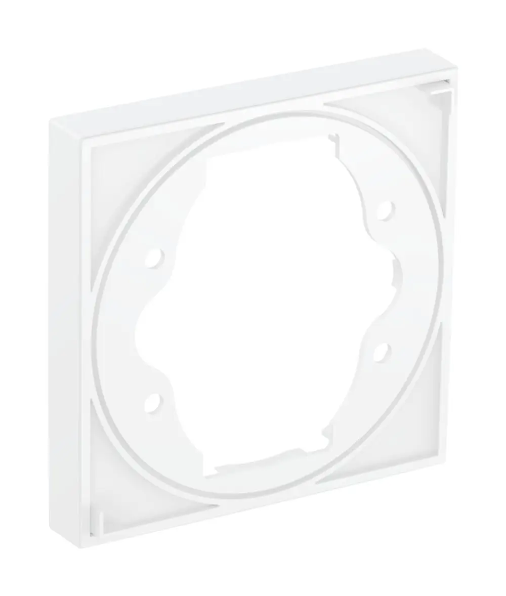 Weiße Rosette von Hansgrohe mit einer zentralen Aussparung und mehreren Befestigungslöchern zur Montage. Eignet sich zur Verwendung mit ShowerSelect Produkten.